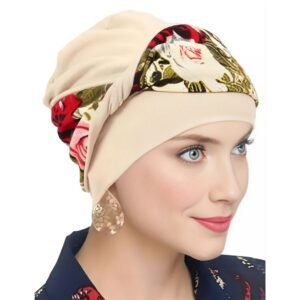 TURBANTE BEIGE CON PAÑUELO TRENZADO CON FLORES